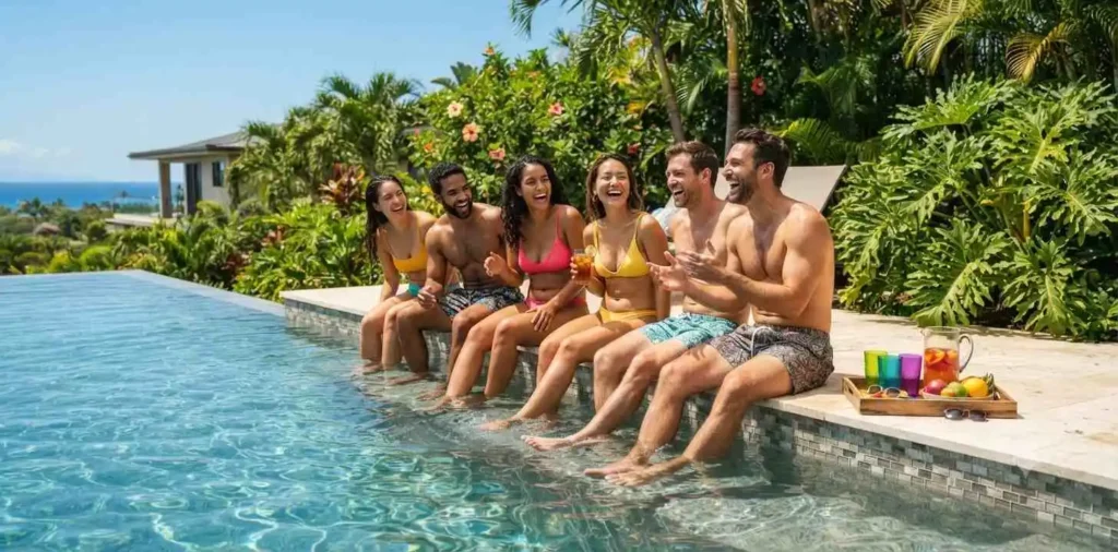 Friends relaxing beside a luxury swimming pool
