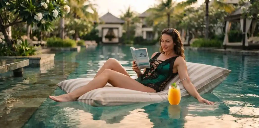 Woman reading on a floating pool lounger