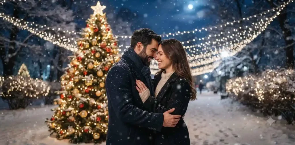 Couple sharing a quiet holiday embrace