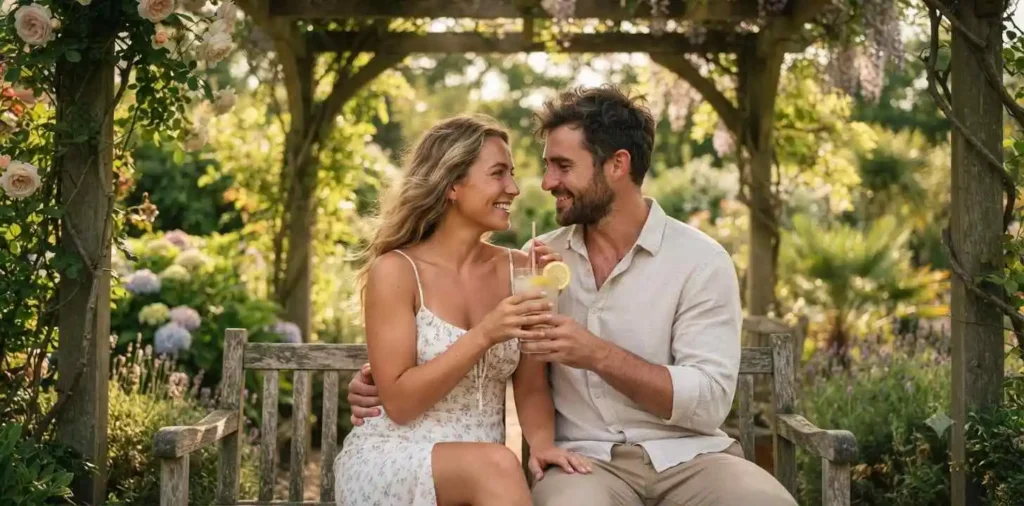 Couple sharing a cold drink outdoors