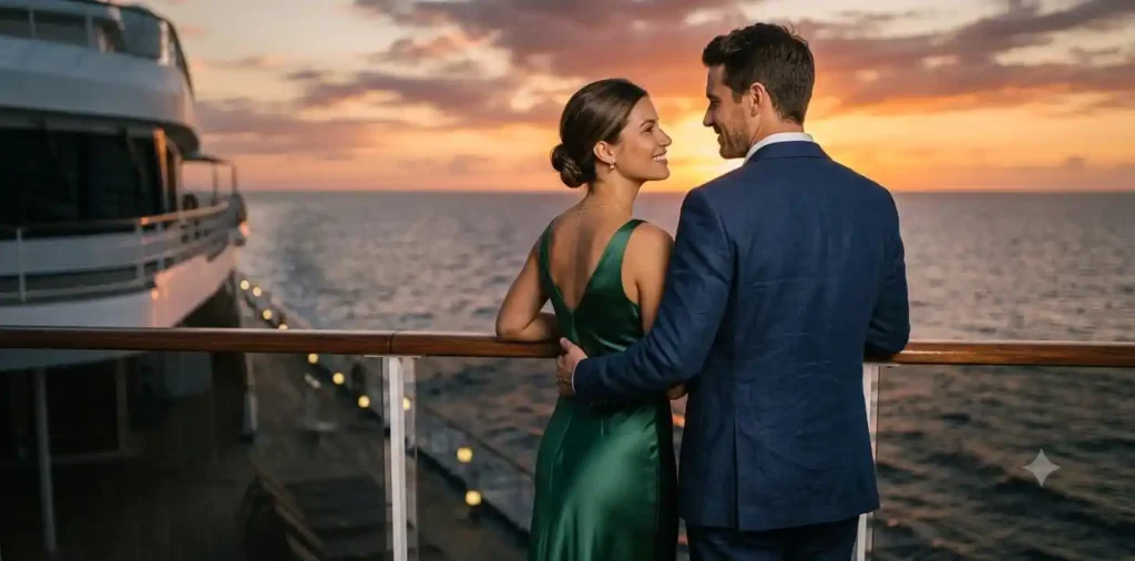 Couple enjoying sunset on cruise