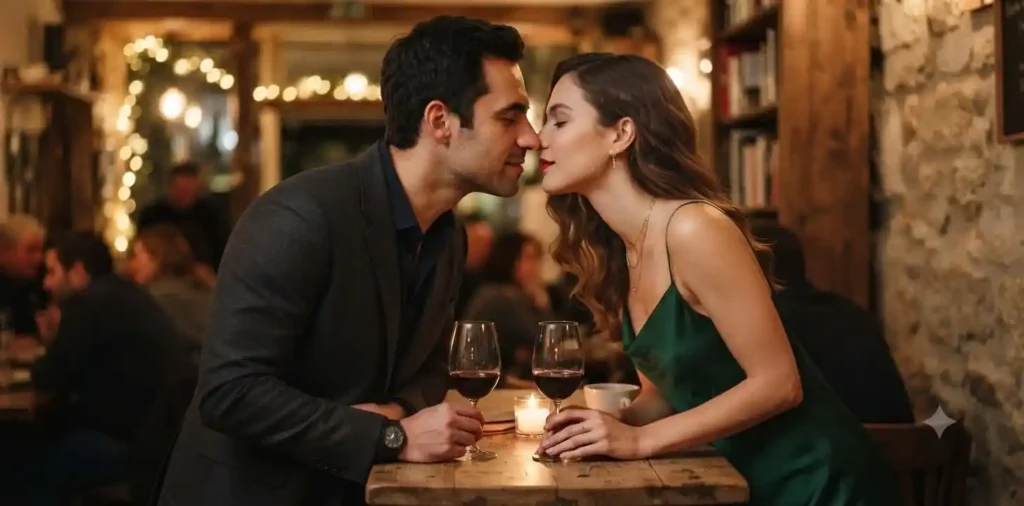 Couple exchanging intense eye contact indoors