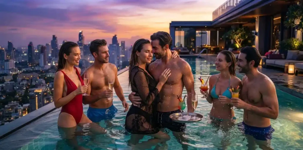 Friends enjoying a rooftop infinity pool at sunset