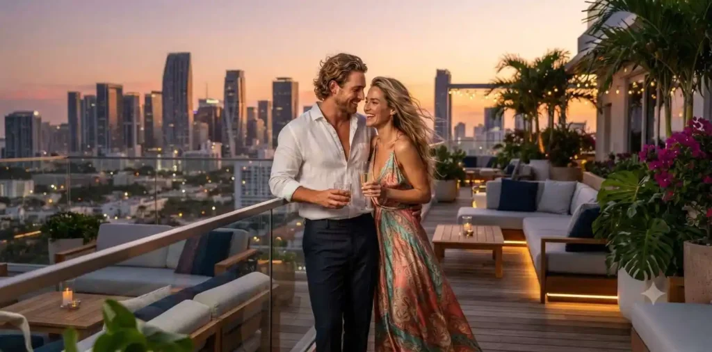 Couple enjoying Miami skyline at sunset
