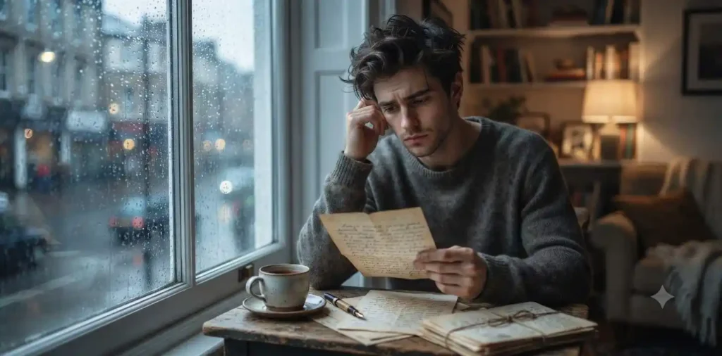 Man reading old letters by window
