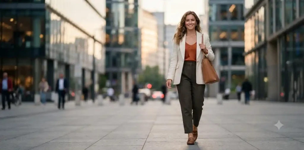 Young professional walking confidently through a modern city