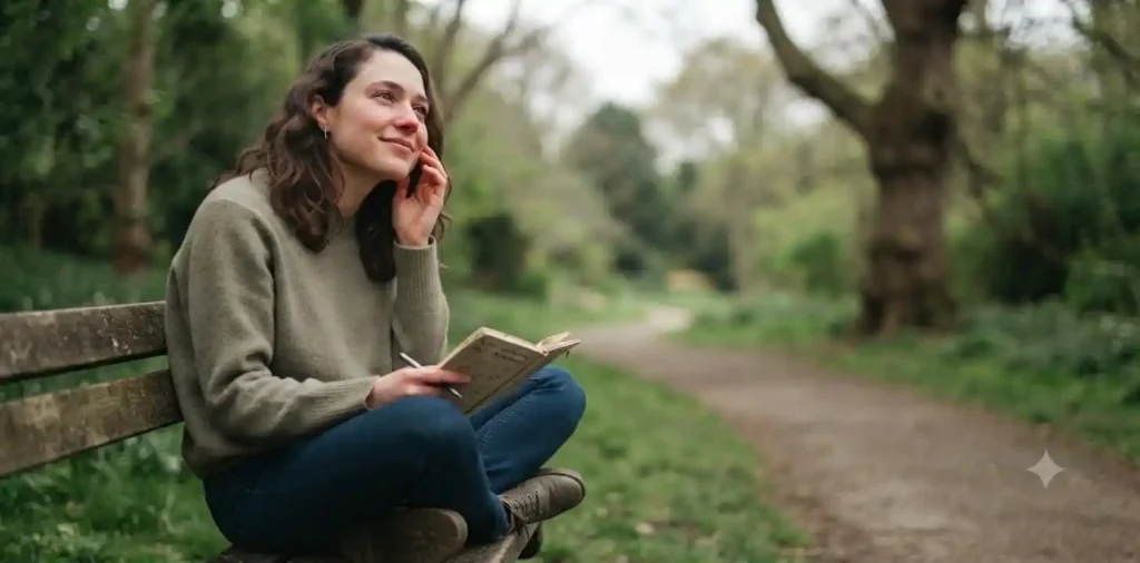 Confident woman smiling during a peaceful park walk
