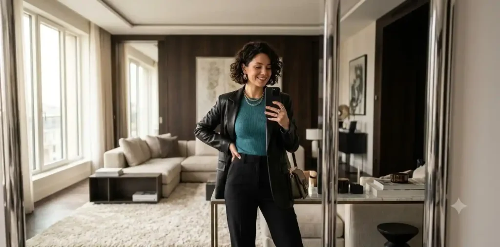 Woman taking stylish mirror selfie indoors