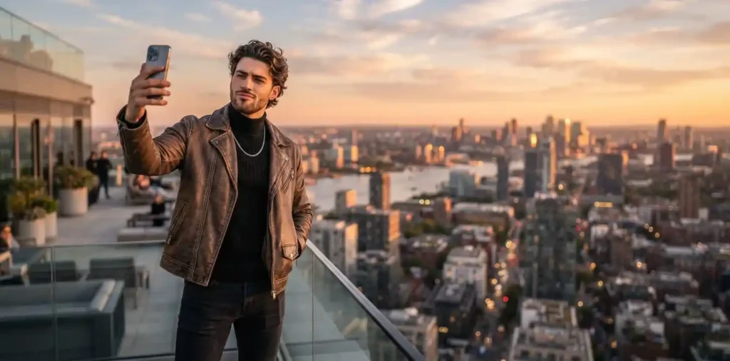 Young man taking a stylish outdoor selfie