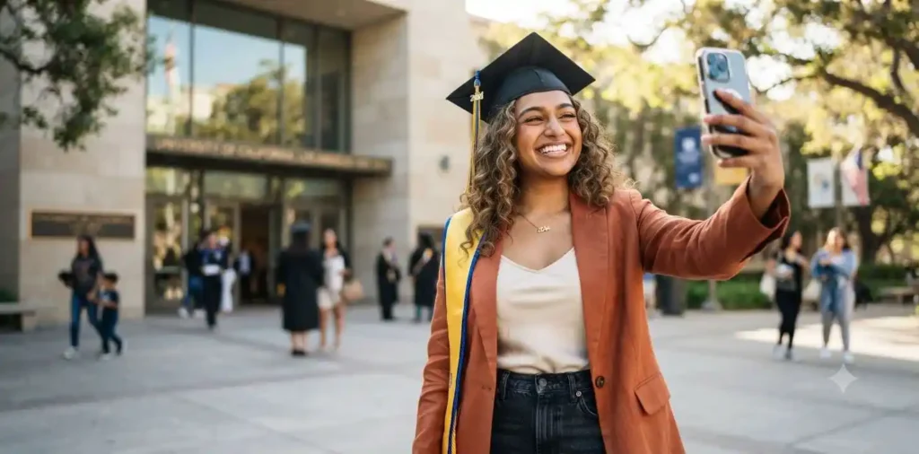Graduate taking a smiling selfie on campus