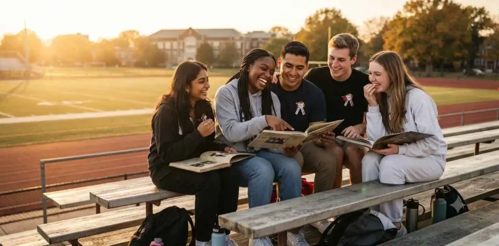 Friends celebrating their final school year outdoors