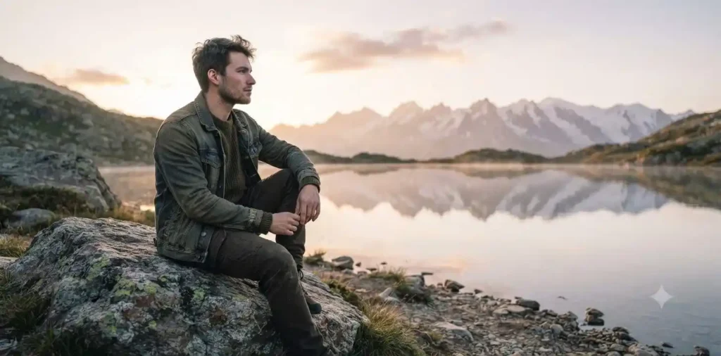 Man sitting quietly beside a mountain lake