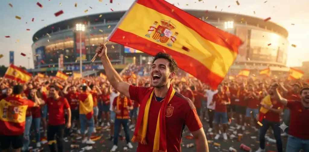Supporter proudly waving the Spanish flag