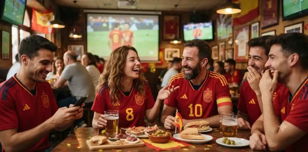 Friends laughing together in Spain football jerseys