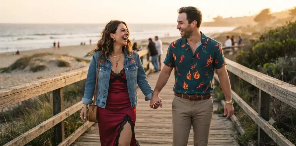 Couple sharing a playful sunset embrace