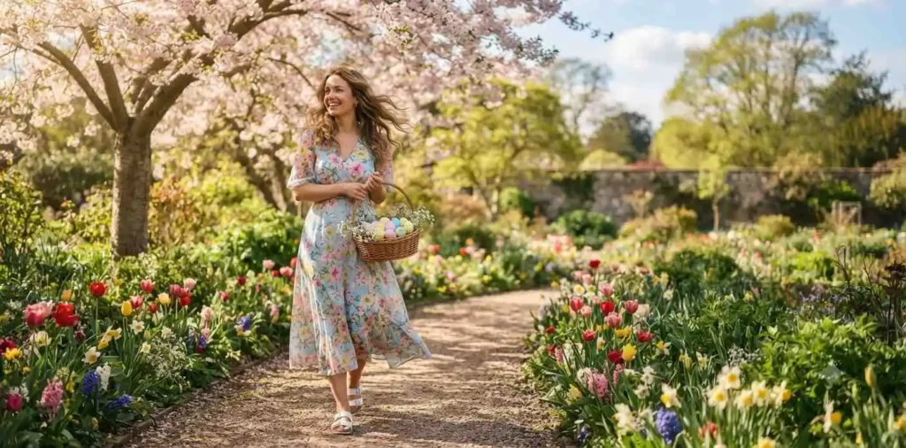 Woman walking through blooming spring garden