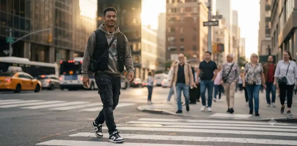 Person walking confidently through an urban street