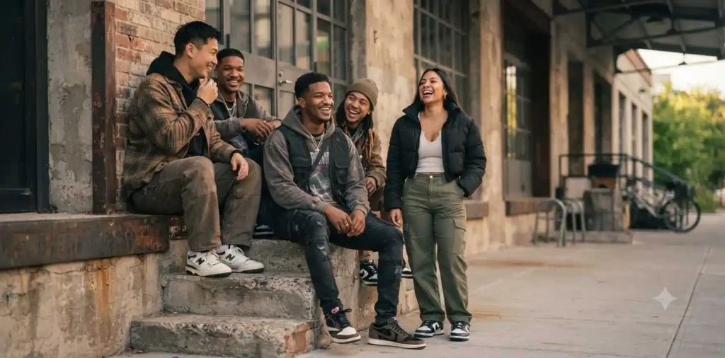 Friends showing trendy streetwear outfits outdoors