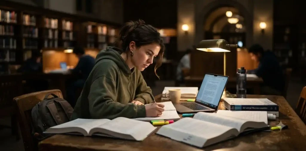 Student studying late with focused determination