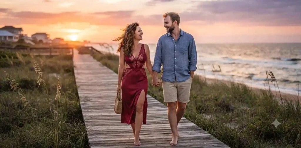 Couple walking hand in hand at sunset