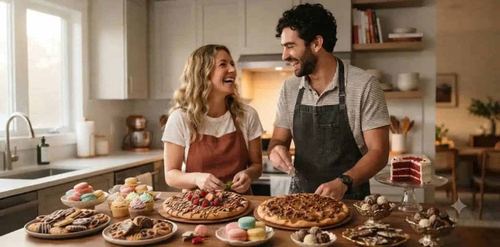 Couple smiling together while cooking dinner