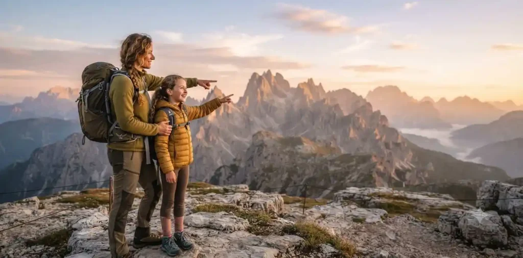 Mother and daughter exploring a scenic mountain viewpoint