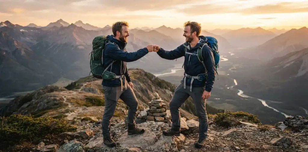 Twin brothers smiling during a mountain hike