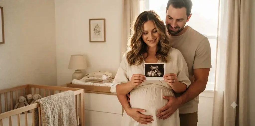 Expecting parents holding ultrasound photo outdoors