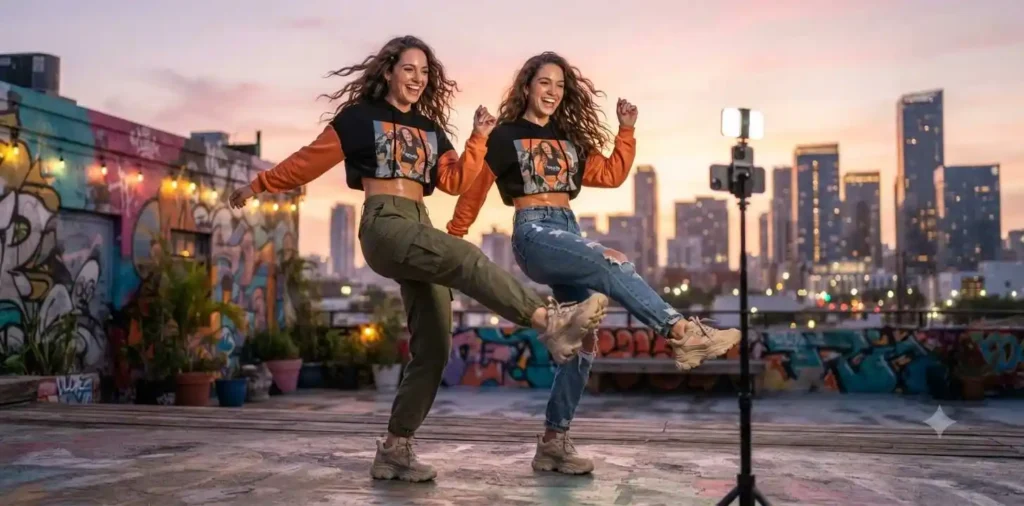 Stylish twins filming a social media video