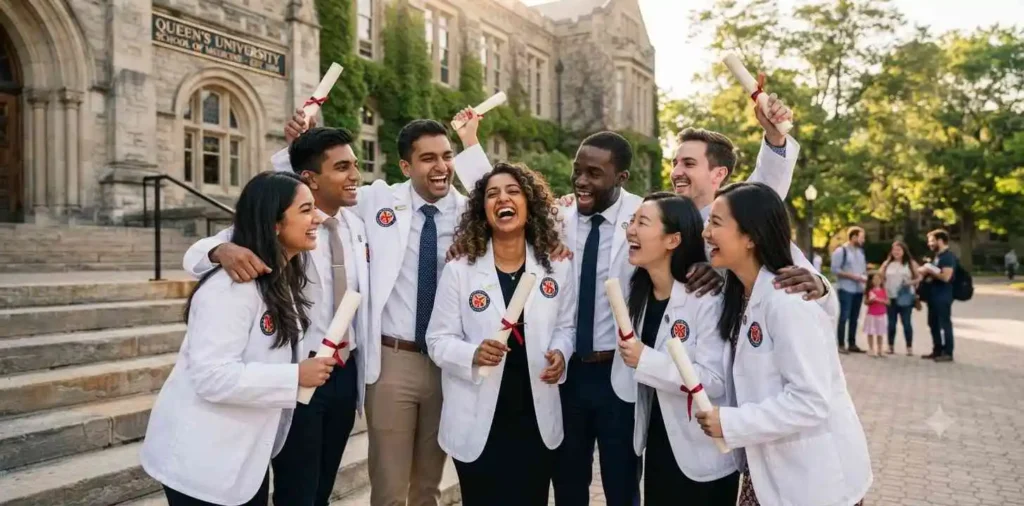 Medical students celebrating together after ceremony