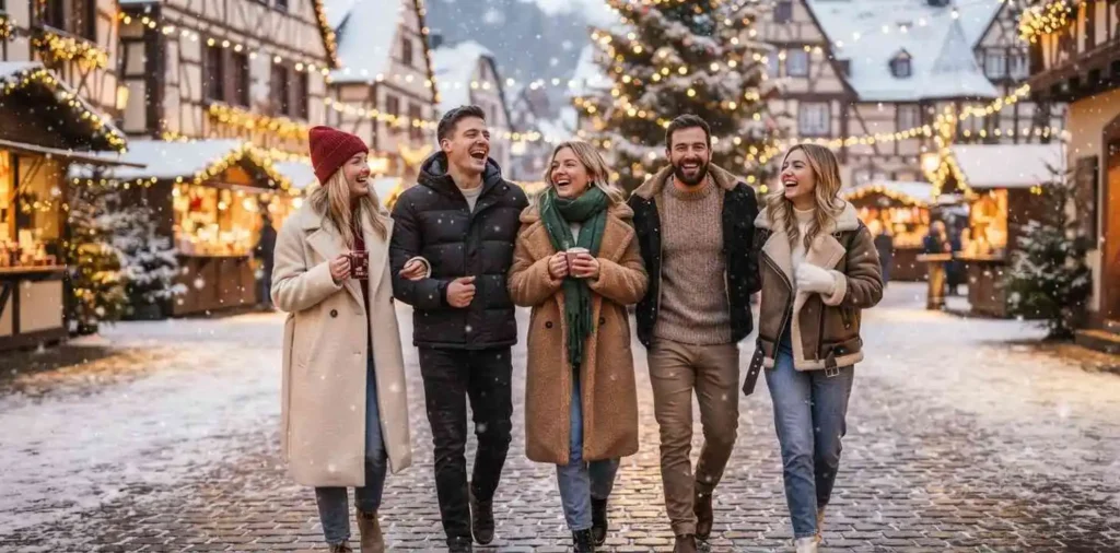 Friends walking through snowy holiday village
