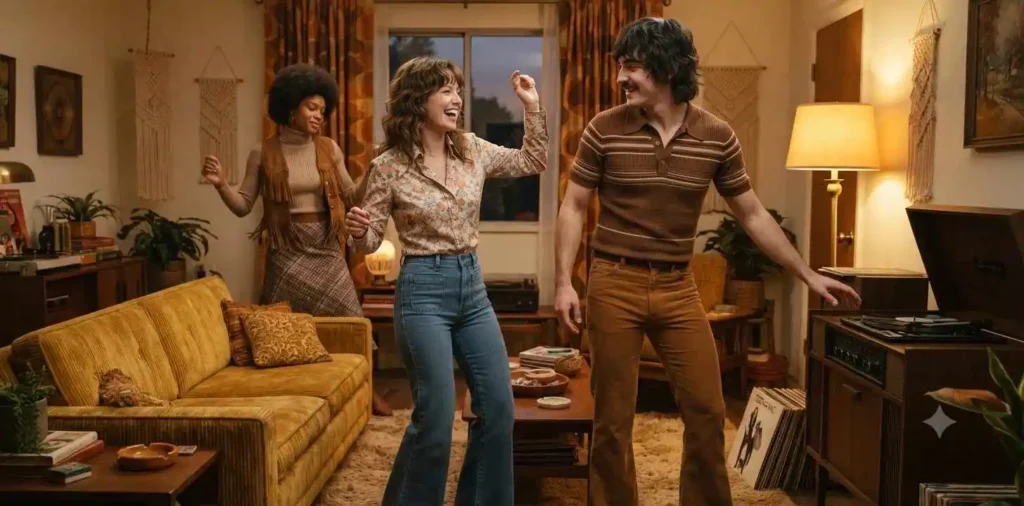 Friends dancing inside a retro 70s living room
