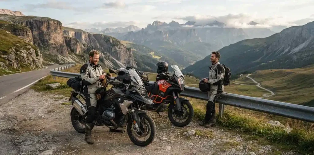 Motorcyclist riding through dramatic mountain scenery