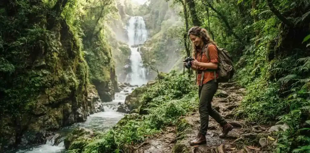 Traveler hiking beside a scenic waterfall