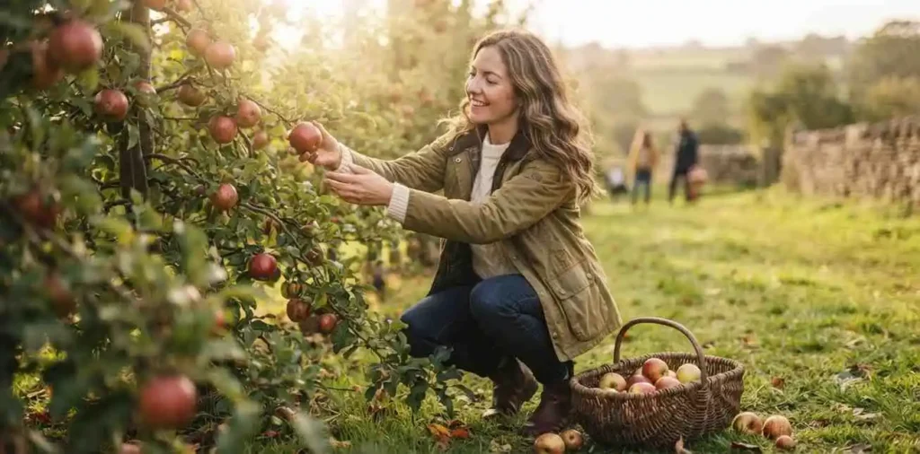 Woman reaching for ripe apple in orchard