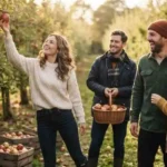Friends picking apples together in autumn orchard