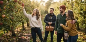 Friends picking apples together in autumn orchard