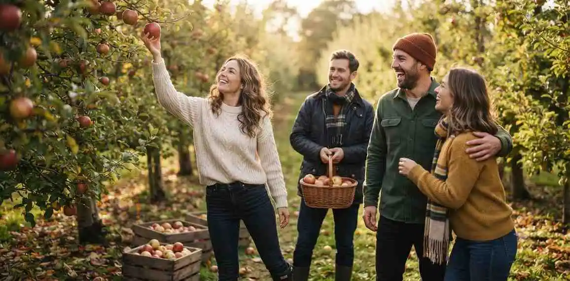 Friends picking apples together in autumn orchard
