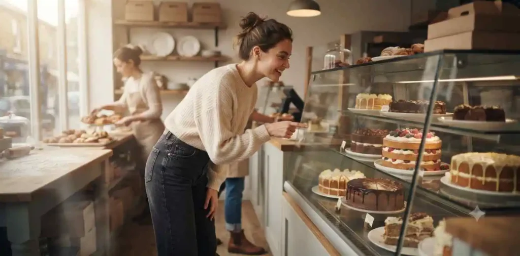 Fresh cakes displayed inside charming bakery