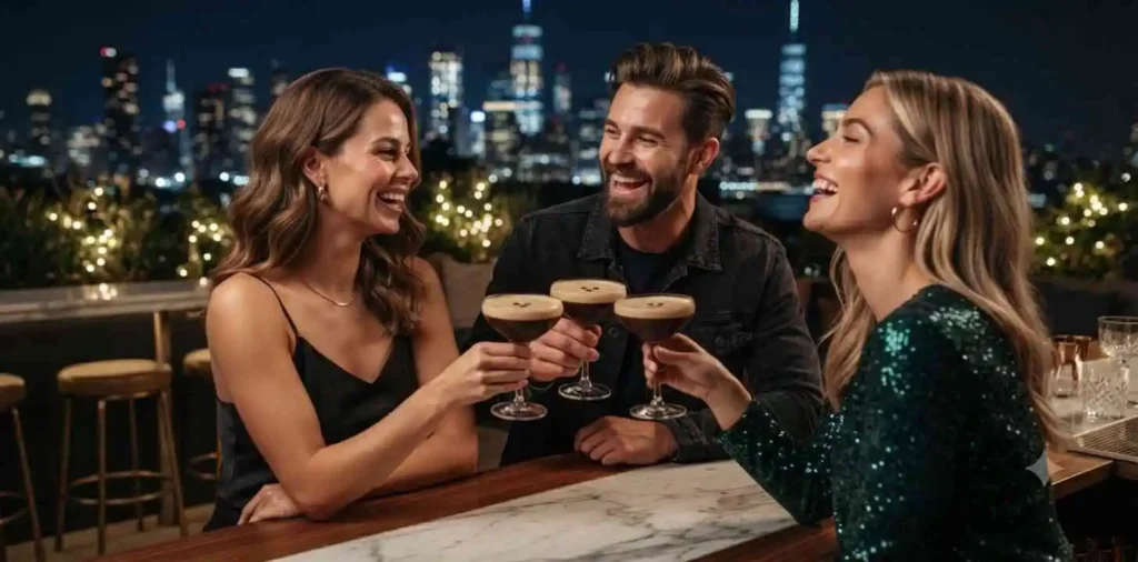 Friends raising espresso martini glasses at bar