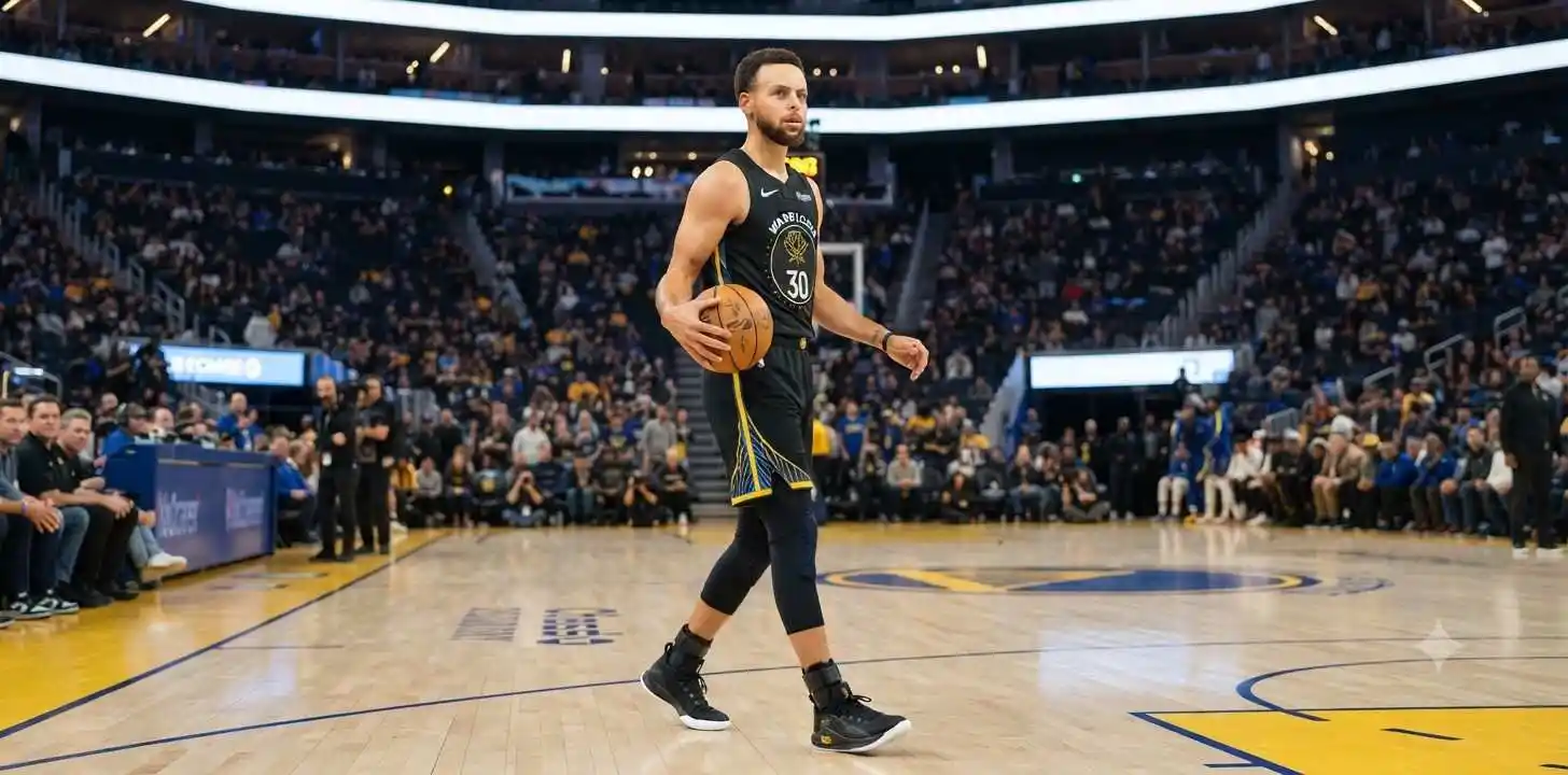 Stephen Curry holding basketball on professional court