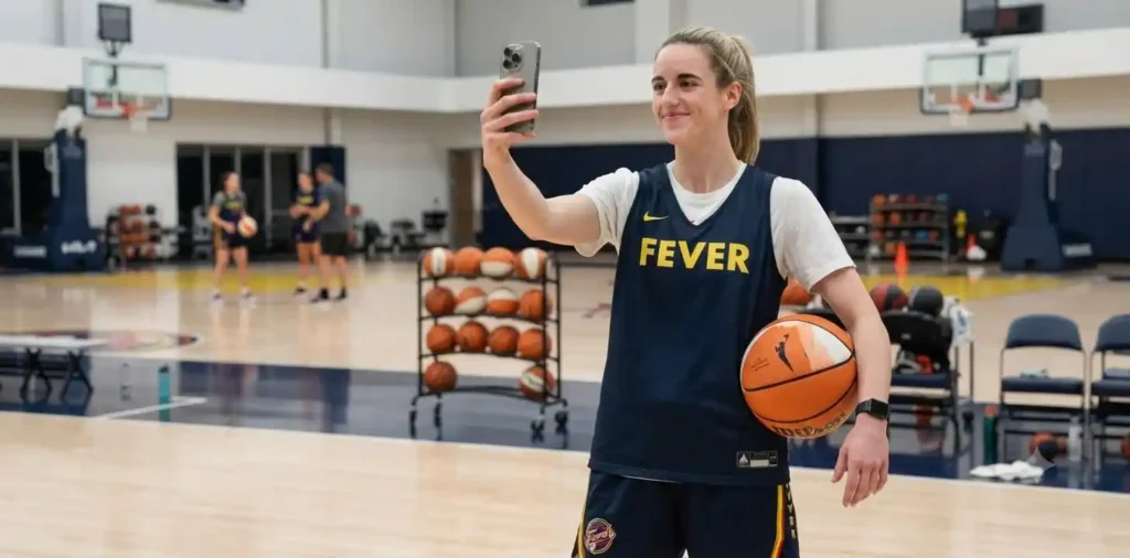 Caitlin Clark taking a basketball court selfie