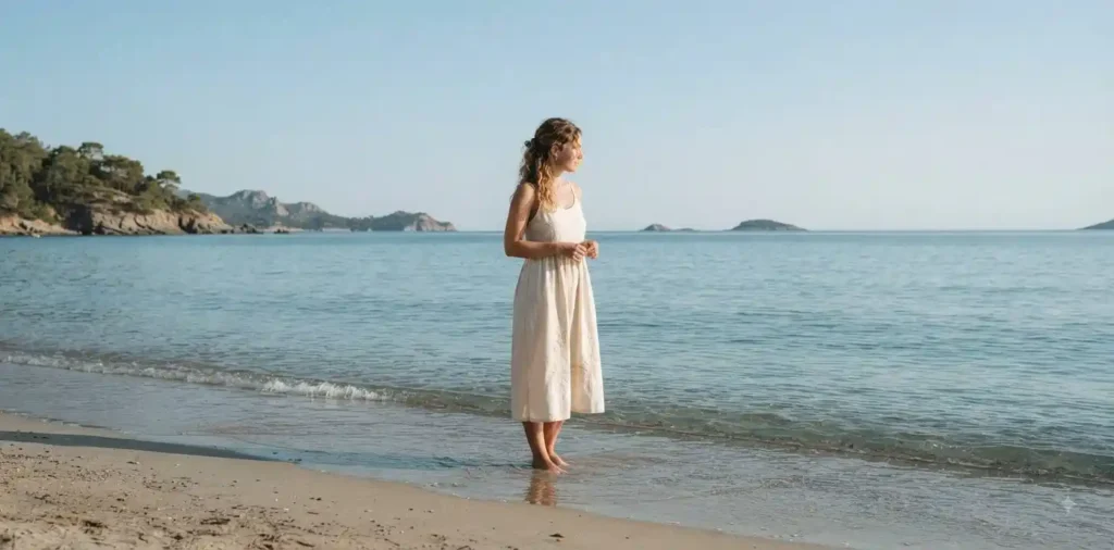 Woman standing peacefully by the beach
