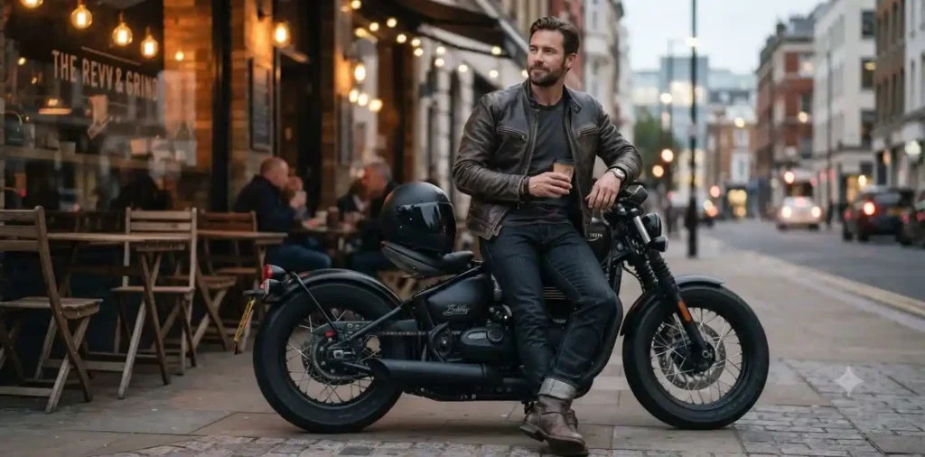 Biker relaxing beside motorcycle at urban café