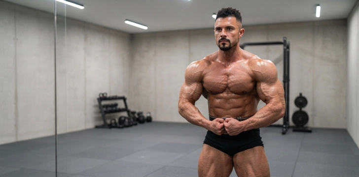 Muscular man posing in gym mirror