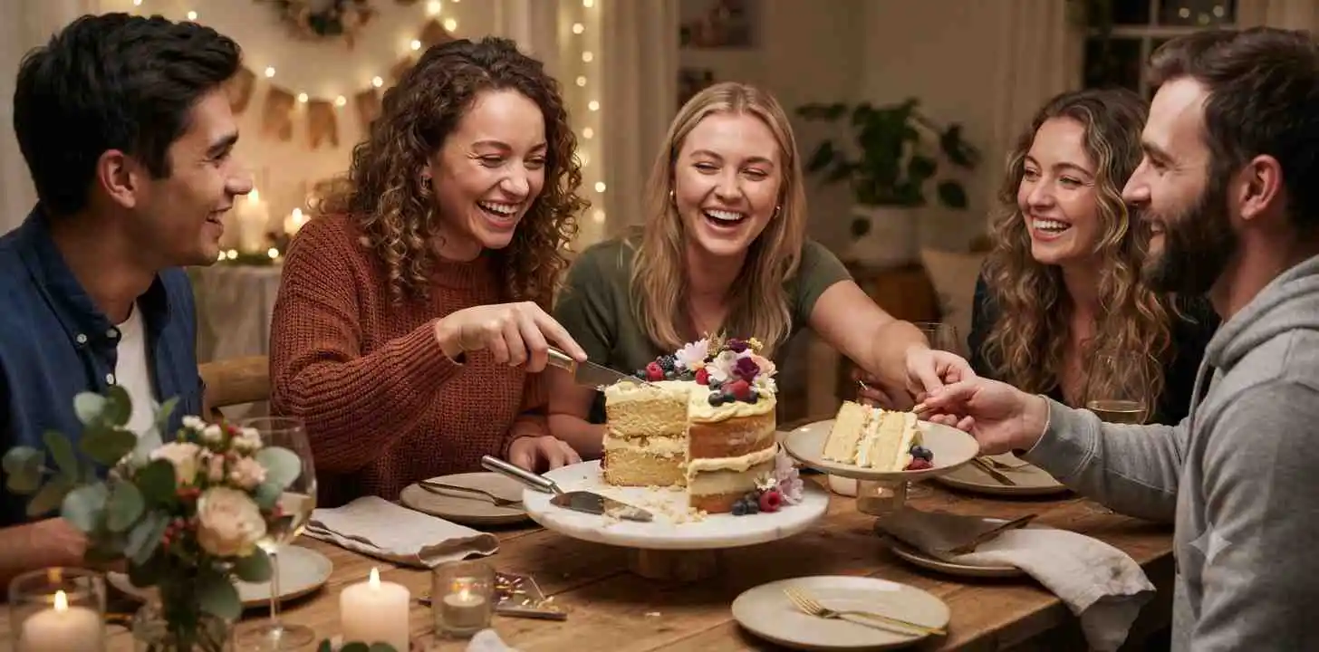 Friends sharing beautiful cake at celebration