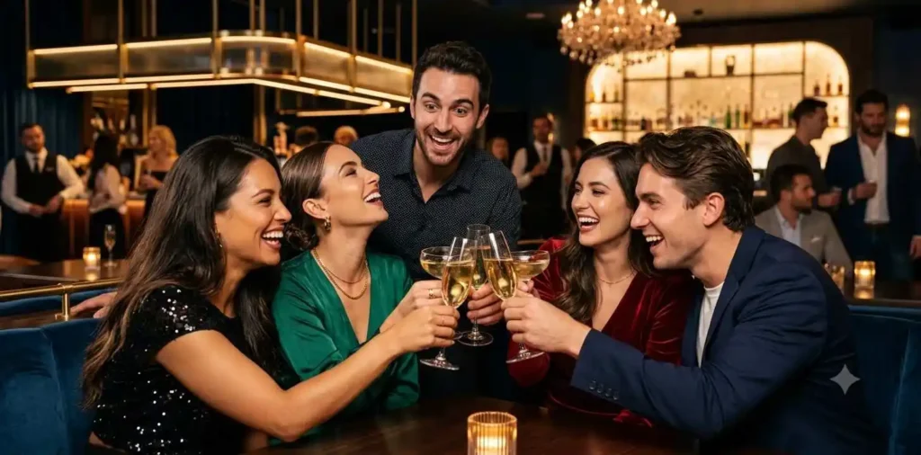Friends celebrating with sparkling drinks at night