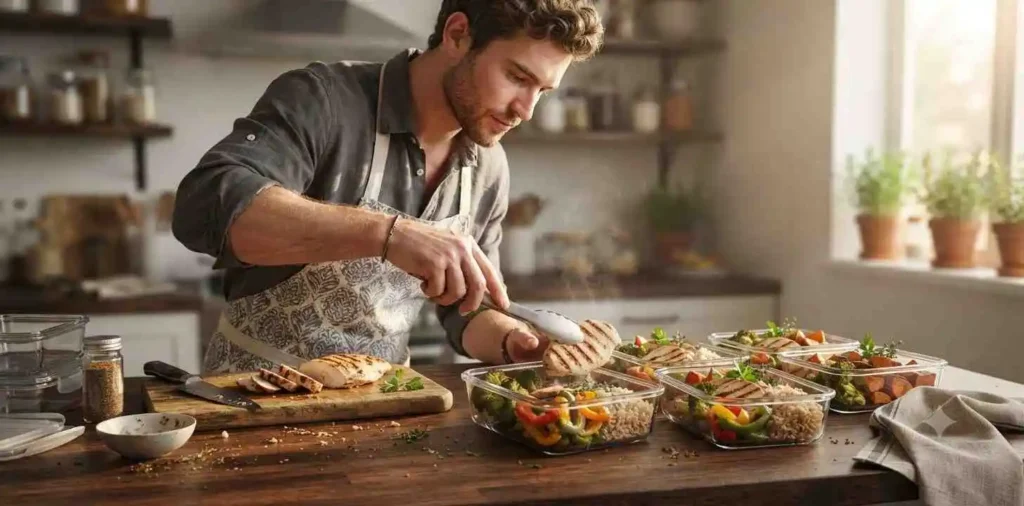Grilled chicken meal prep containers on counter