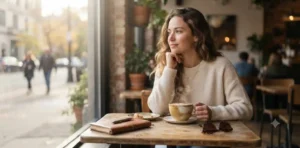 Woman enjoying coffee at cozy cafe