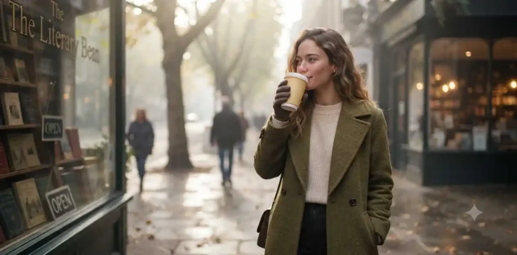 Woman holding coffee during morning walk